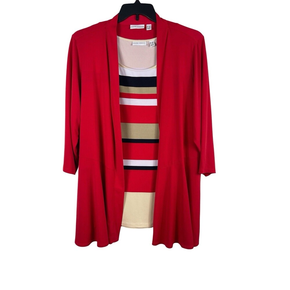 Susan Graver 2X Red Tan Striped Cardigan Tank Set Two Piece Liquid Knit Office